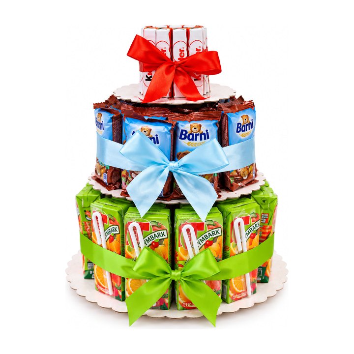 Tort din sucuri Tymbark, biscuiți Barni și batoane Kinder